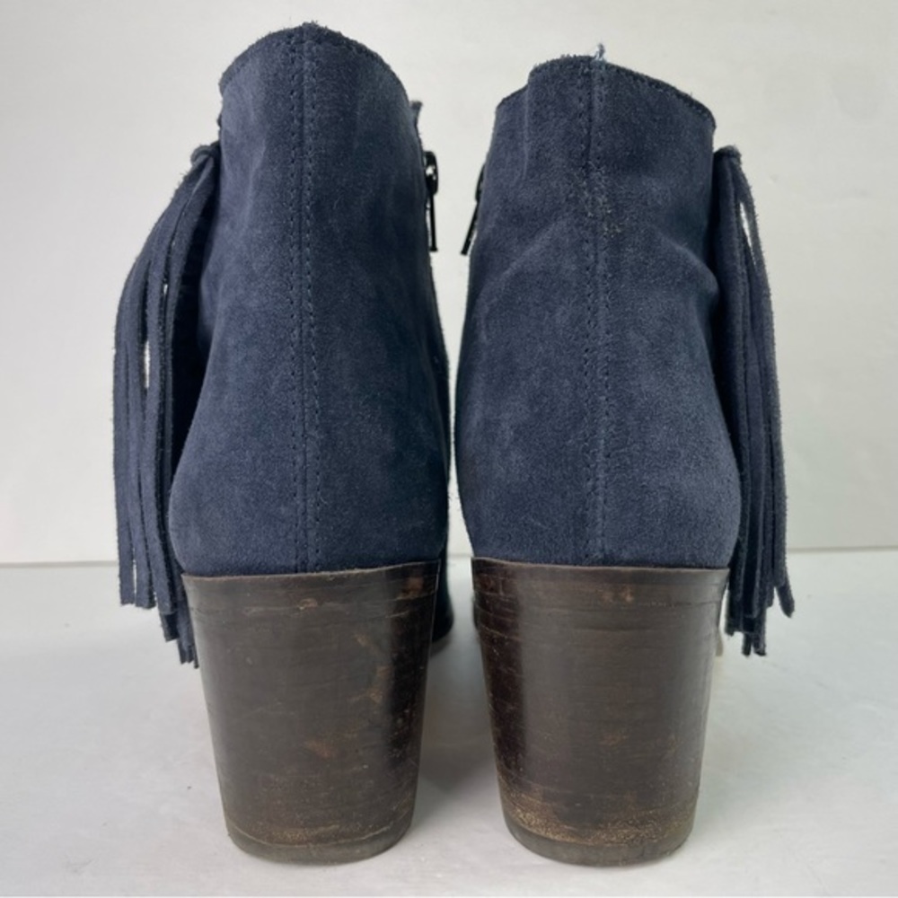 Kenneth Cole Reaction Rotini Blue Suede Fringe Block Heel Booties - Picture 6 of 14